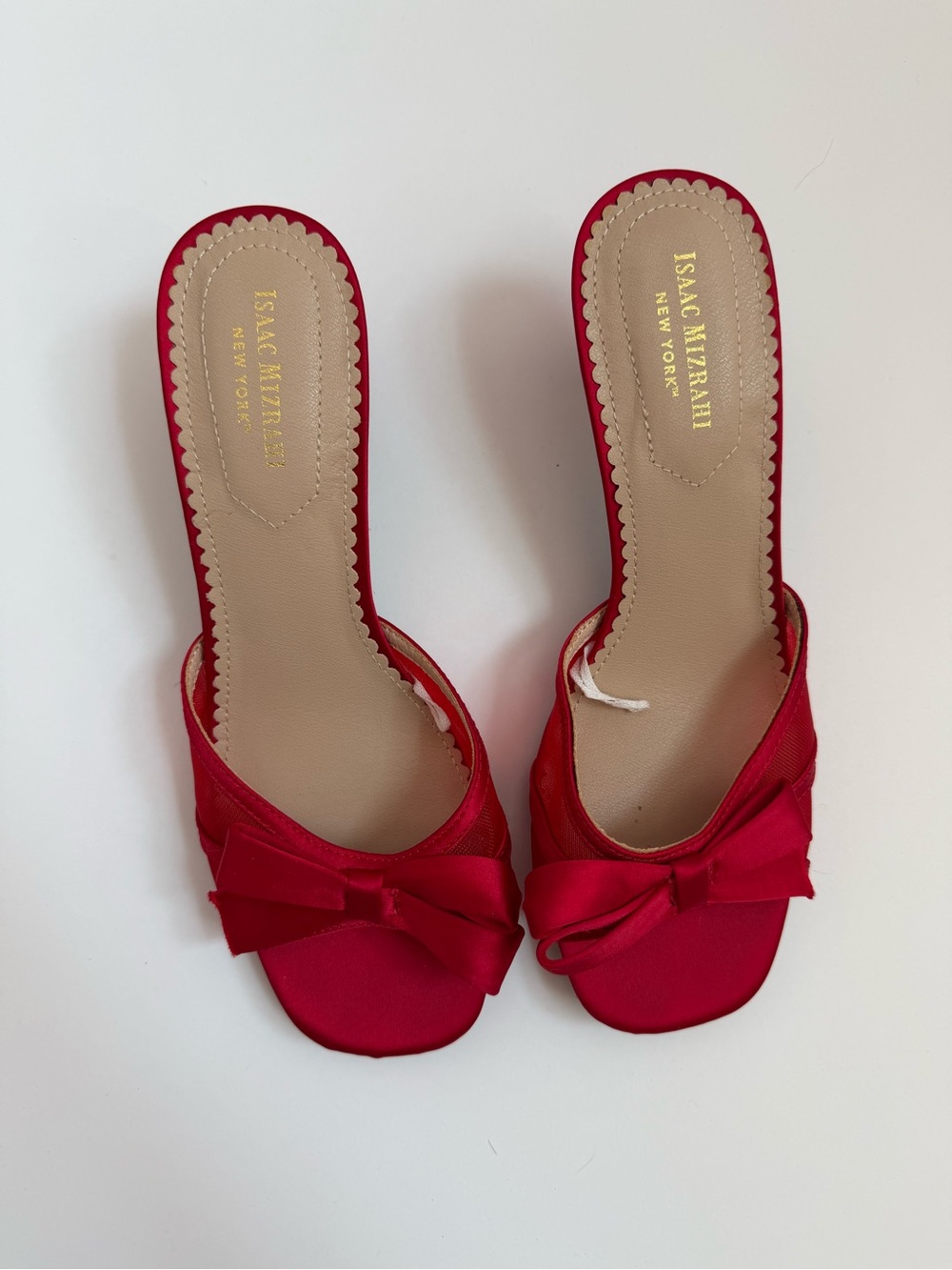 Isaac Mizrahi Red Satin Slide Mules with Bow
